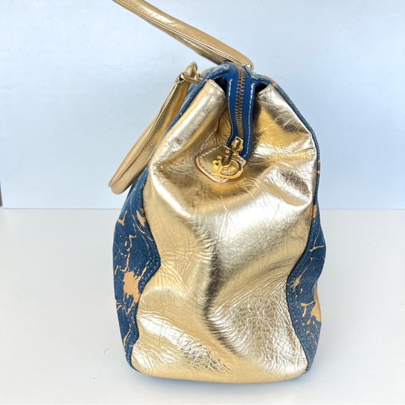 JUNIOR DRAKE Metallic Gold Studded Leather Blue Denim Weekender Oversized Tote - Picture 7 of 16